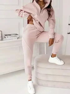 Two-piece women's half-zip stand-neck top embellished with pearl decoration Casual sweatshirt trousers set, suitable for autumn and winter, outdoor sports, leisure walks, parties, Fitted