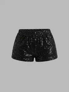 Spring Summer Women's Casual Elegant Sequin Shorts, Perfect for Holidays and Parties, Basic Style, Plain Pattern, Womenswear