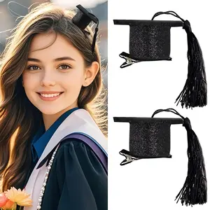 Graduation Cap Hair Clips 2Pcs Mini Graduation Hat Hair Barrettes with Black Tassels Glitter Mortarboard Hair Pins Cute Hair Accessories for Graduates Graduation Party Favors