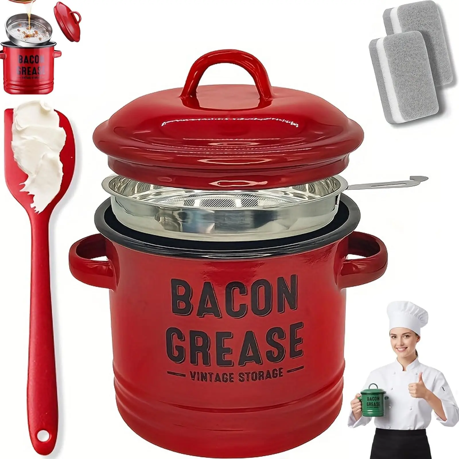 Bacon Grease Container Set - 46oz Vintage Enamel Gease Container, Grease Saver, Cooking Oil Storage Can, Grease Keeper for Kitchen, Dishwasher Safe