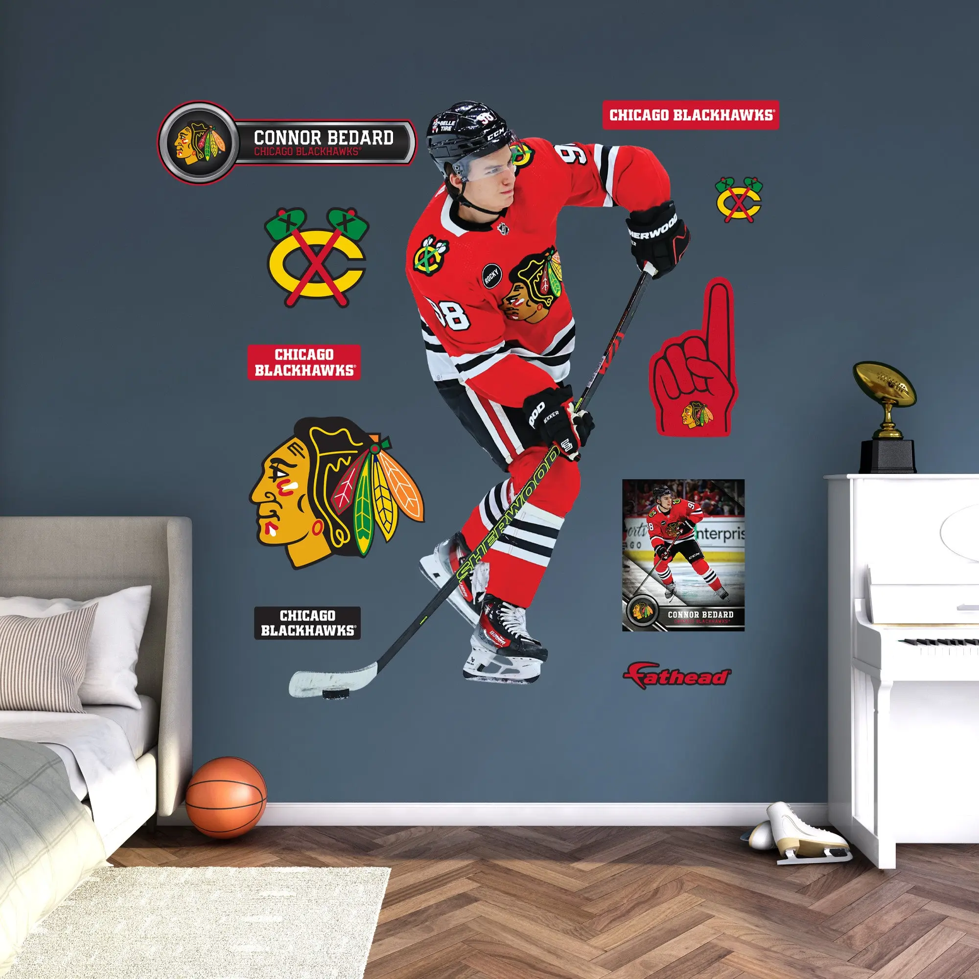 Connor Bedard RealBig Slapshot Collection - Official NHL Chicago Blackhawks Die-Cut Removable Wall Vinyl Stickers, Game Day Home Decor, Scratch-Resistant Reusable Home Supplies
