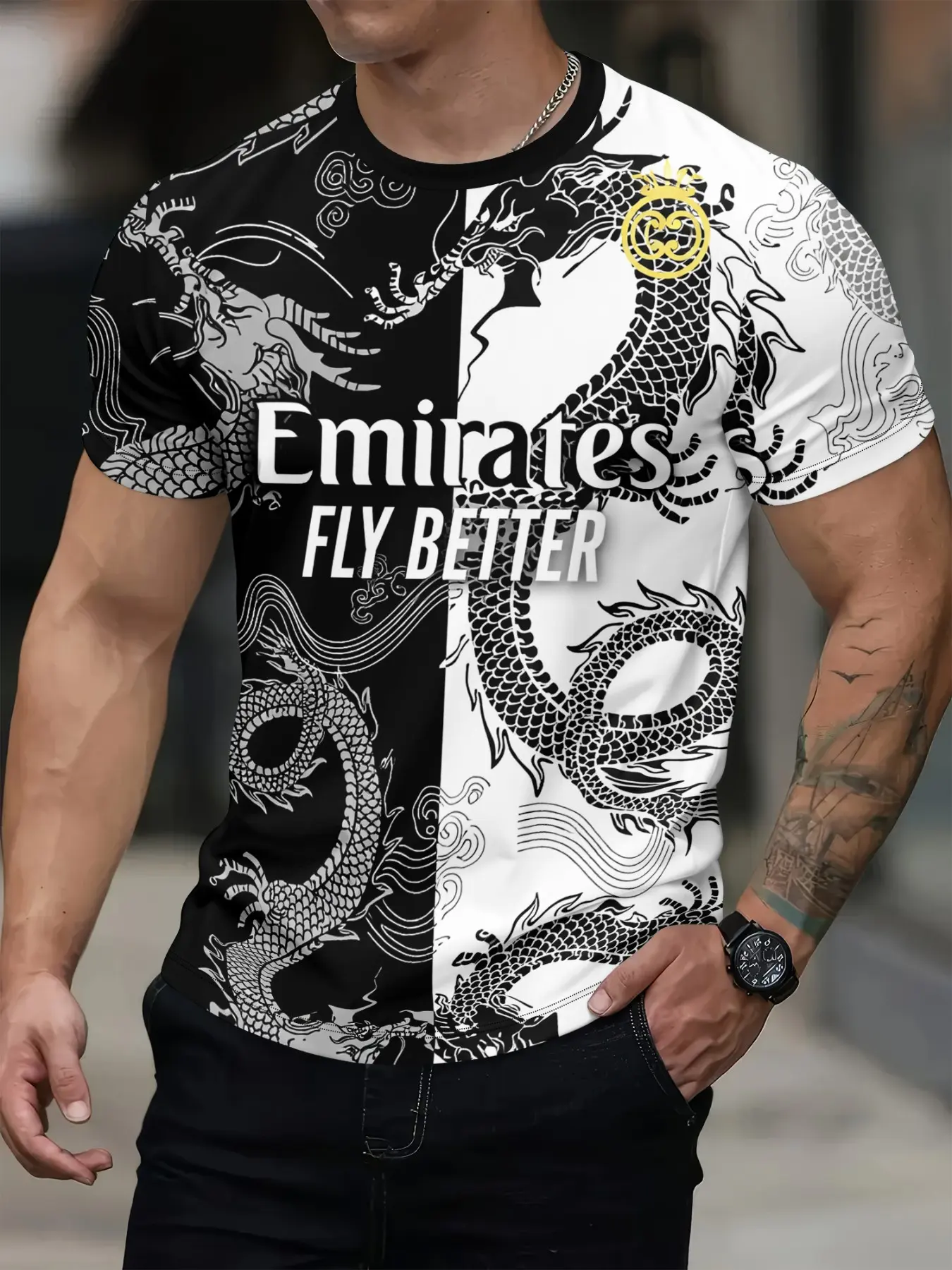 Emirates Fly Better Dragon Print T-Shirt, Brand Culture Fusion Casual Top, Long Fitted Style, Men's Fashion Tee