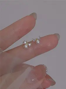 Faux Pearl & Rhinestone Decorated Bow Design Stud Earrings, Elegant Jewelry for Women for Party, Daily Clothing Decor, Trendy All-match & Exquisite Jewelry for Gift