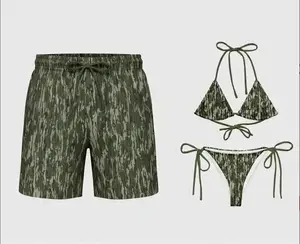 Couple Matching Camo Swimwear Set – Women's Tie Bikini & Men's Drawstring Beach Shorts