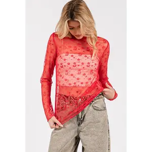 Floral Mesh Lace Top - Red