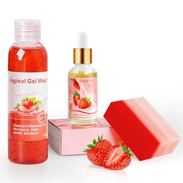 Feminine Wash & Yoni Oil & Yoni Soap Set for Women, Yoni Wash for Ph Balance Remove Odor Moisturizing, 1 Fl.Oz Essential Oil & 5.07 Fl.Oz Strawberry Body Wash 5.29 Oz Yoni Soap Bar