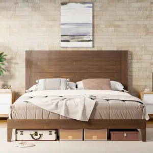 VanAcc Solid Wood Bed Frame, Mid-Century Modern Platform Bed with 48" Headboard, Wooden Slats and Metal Support, Noise Free, No Box Spring Needed, Furniture Bedroom