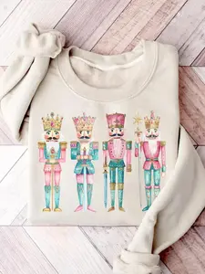 Women's Cartoon Nutcracker Print Pullover Sweatshirt, Casual Long Sleeve Crew Neck Thermal Lined Top for Fall & Winter, Women's Clothes for Daily Wear