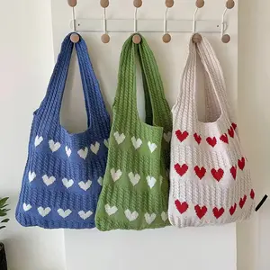 Knitted Heart Tote Bag Simple Fashion Woven Bag Cute Aesthetic Shoulder Bag For Women Daily Casual Use