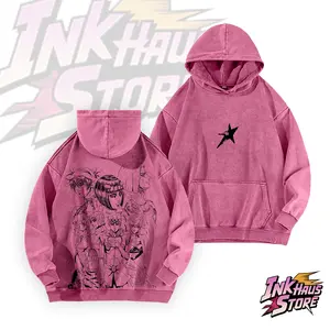 Main characters from "JoJo's Bizarre Adventure: Golden Wind," featured in an artistic illustration pattern - Long Sleeve Cotton Unisex Vintage Hoodie