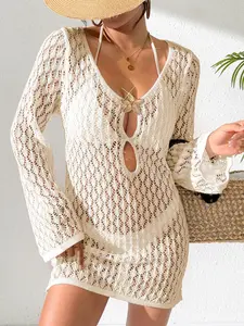 Women’s Crochet Beachwear Cover Up Dress, Starfish Detail Hollow Out Knit Swimsuit Coverup, Crochet Bikini Coverups Long Sleeve Sheer Bikini Dress for Summer Vacation Resort Wear