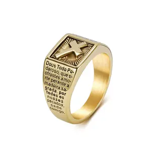 Vintage Scripture Cross Pattern Stainless Steel Ring, Punk Hip-hop Style ace italian bracelet date ss men accessories marquise engagement promise gf Moissanite Chunky Princess Gold Plated Minimalist Stacking wedding set toe cluster Titanium Wood Inlay mat