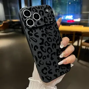 Straight Edge Phone Case Compatible for iPhone 17 16 Pro Max 15 Plus 14 13 12 11 Air Black Vintage Leopard Print Pattern Rugged Durable Shockproof Anti-Scratch Soft Silicone Case