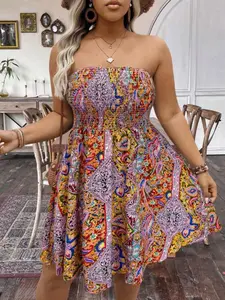 Plus Size Ethnic Print Dress, Loose Fit Tube Top Short Skirt, Vintage European Style Summer, Beach Vacation, Date Night, Party, Casual Wear, Bohemian, Womenswear