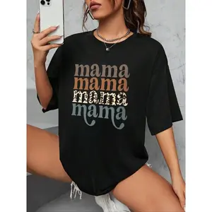 [100% Cotton] Women's "Mama" Letter Print Crew Neck T-Shirt, Retro Fashion Casual Short-Sleeve T-Shirt, Suitable for Everyday Wear, Unisex Summer T-Shirt