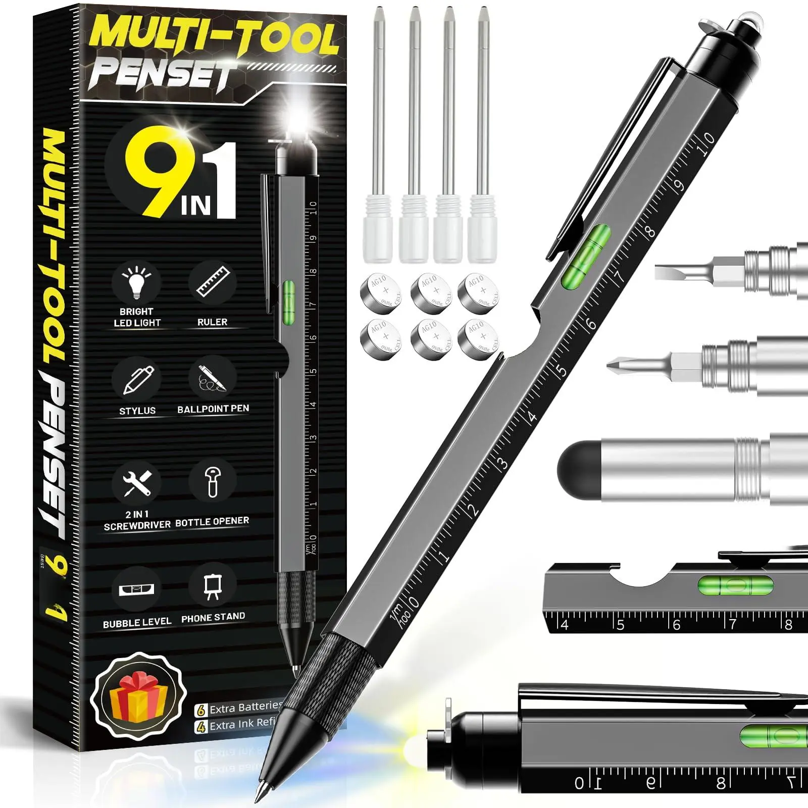 Novelty Gifts 9 in 1 Pens for Men Women  Multi Tools Pen EDC Gadget as Christmas Valetentine's Day Father' Birthday Dad Boyfriends (Black-long)