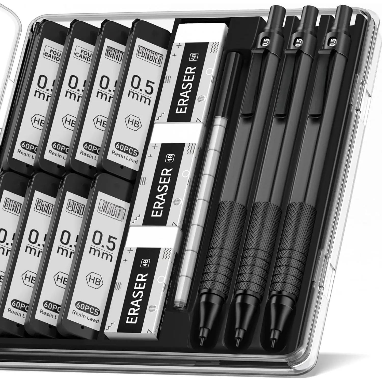 0.5mm Mechanical Pencil Set with Case, 3 count Metal Artist Lead Pencil with 8 Tubes (480PCS) HB Lead Refills, 3 Erasers, 9 Eraser Refills For Engineer Art Writing Drawing Drafting, Black