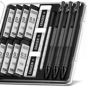 0.5mm Mechanical Pencil Set with Case, 3 count Metal Artist Lead Pencil with 8 Tubes (480PCS) HB Lead Refills, 3 Erasers, 9 Eraser Refills For Engineer Art Writing Drawing Drafting, Black