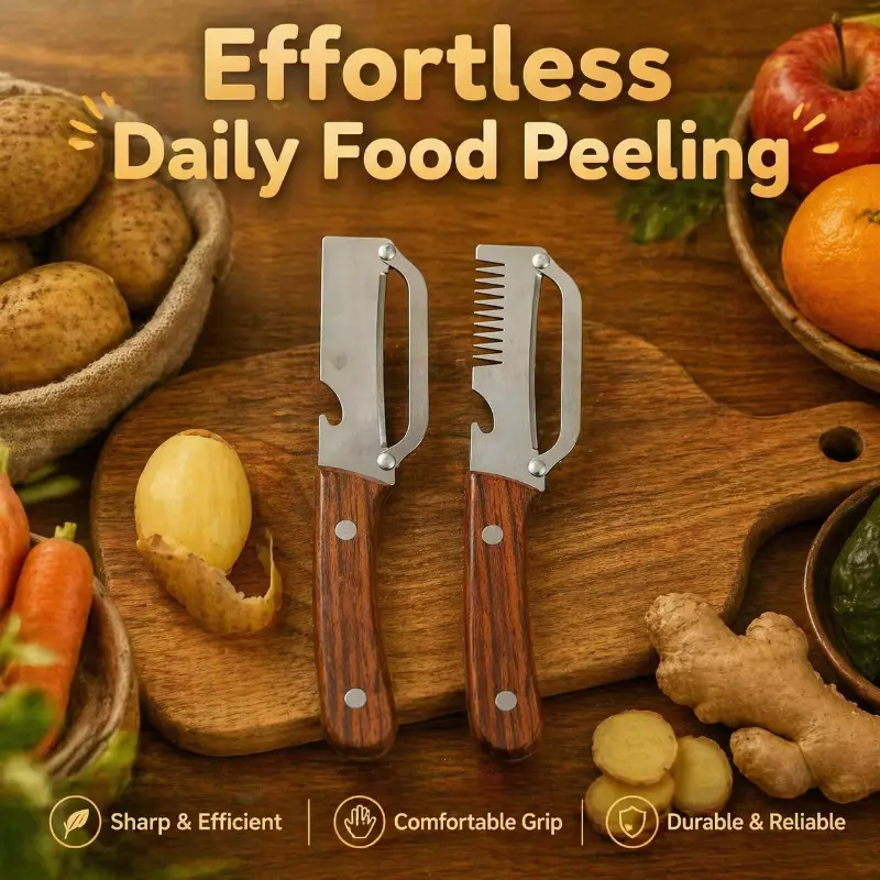 2pc wooden handle stainless steel peeler, multi-functional fruit and vegetable peeler with shredder, durable potato, apple, and carrot peeler, a kitchen essential. Metal Metal Knives Blade