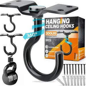 [UPGRADED] 2 count 200LBS Rotatable Ceiling Hooks with 4 Screw Points Base, Wall Mount Metal Hanger Black Ceiling Hook for Hanging , Bird Feeder, Lights, Bed Canopy, Wind Chime, Indoor Outdoor Decor