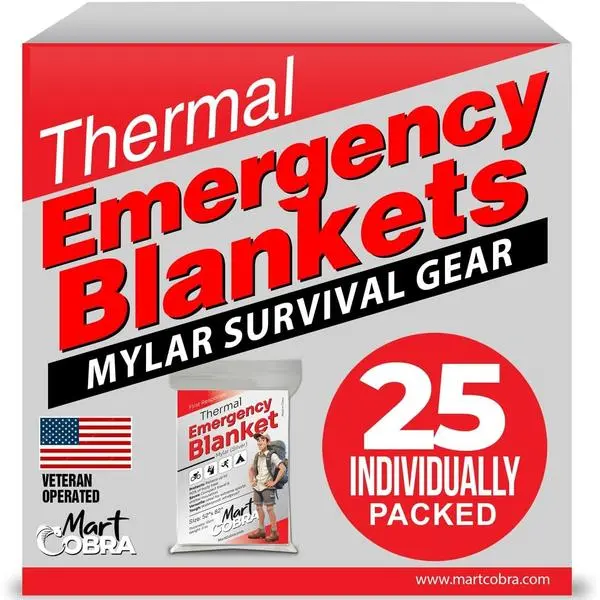 Emergency Blanket Mylar Thermal Space Survival Gear & Supplies 25-Pack Foil | Cold Weather Power Outage Camping Car Winter Storm Heat Reflective Hiking Backpacking Essentials First Aid Marathon Prepper