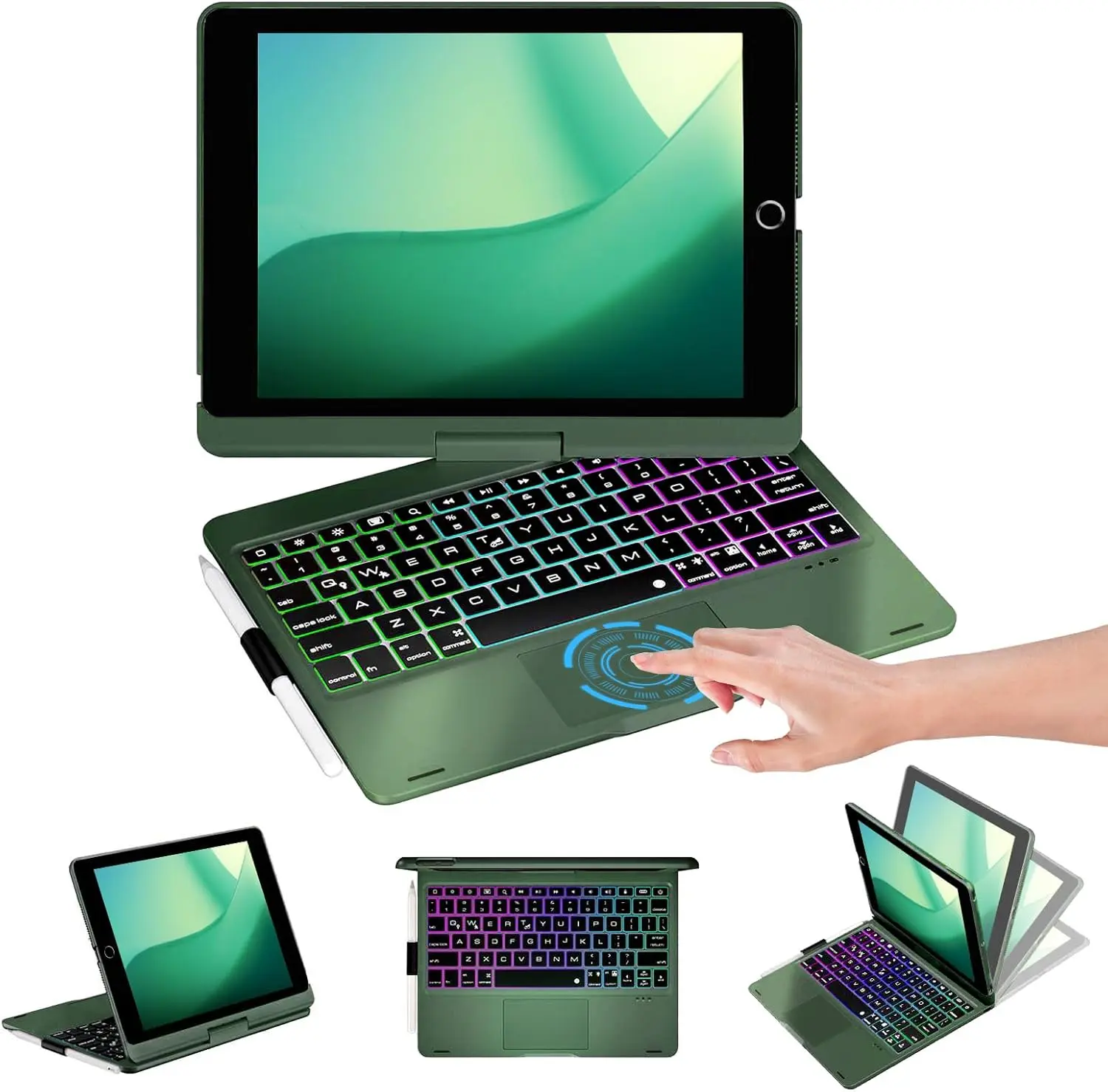 iPad 9th Generation Case with Keyboard 10.2" (2021), 360 Rotatable with Trackpad & Rainbow Backlit, iPad Keyboard case for 9th/8th/7th, iPad Air 3, iPad Pro 10.5 (Dark Green)