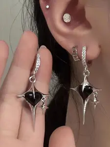 Star & Heart Design Dangle Earrings, Punk Style Rhinestone Decor Drop Earrings, Heart Shaped Earrings for Women, Fashion Jewelry for Party, Daily Clothing Decor