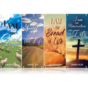 4 Pcs Church Banners for Sanctuary- I Am The Good Shepherd/way/bread/resurrection Christian Banners for Church Wall, Religious Praise Worship Bible Signs for Event, Prayers, Festivals