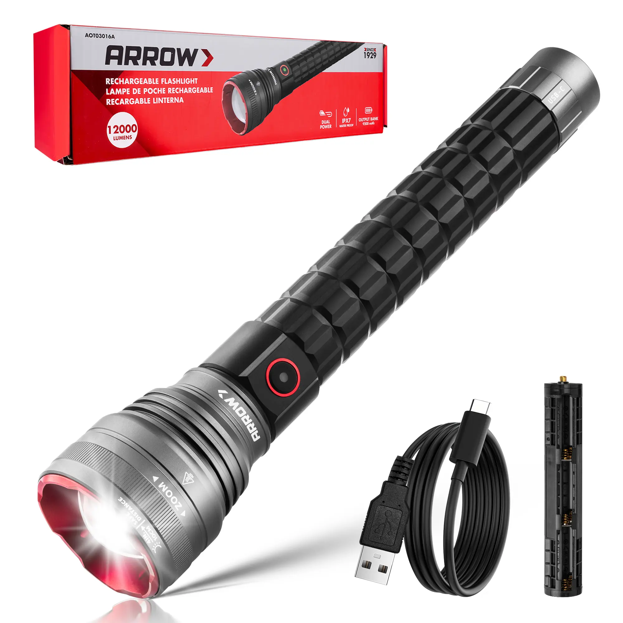 #summersale Arrow Rechargeable Flashlights 12000 Lumens, 6 Modes Bright LED Flashlight with Memory Function, IPX7 Waterproof, Zoomable Flash Light with Dual Power Design, USB-C Input Output for Outdoor Emergency