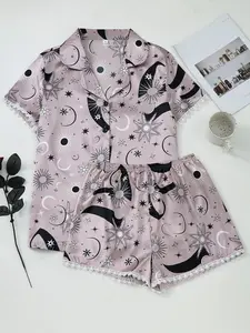 Women's All Over Print Shirt & Shorts Pyjama Two-piece Set, Casual Comfy Short Sleeve Top & Shorts Pj Set, Ladies Sleepwear for All Seasons, Womenswear, Pajamas, Summer Pajamas Set, Matching Pj Set, Pastel Cute Pajamas, Nightwear Loungewear Set