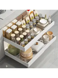 【Christmas Gift】Expandable Slide Out Drawers Organizer with Adjustable Shelves, White Adhesive Film Fixed for Under Sink Storage in Kitchen Cupboard & Bathroom Cabinet Metal Racks Steel Installation Minimalist