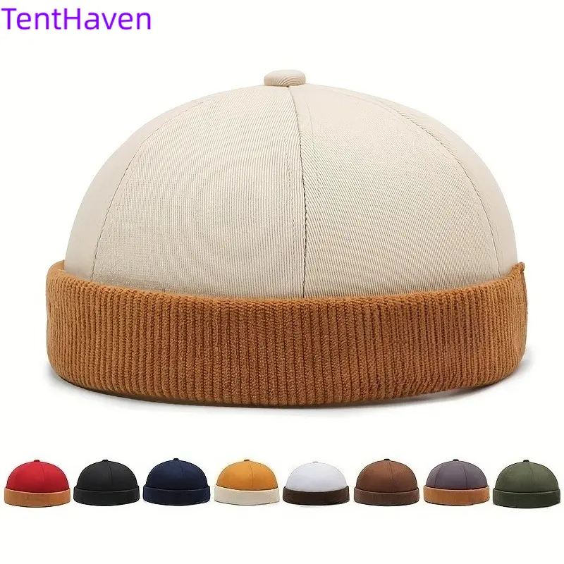 Unisex Retro Corduroy Docker Hat - Trendy Spliced Design, Leather Label, Brimless All-Season Sports & Outdoor Hip Hop Cap, Street Wear, Daily Outings, Adults, Cotton, Couple, All Seasons
