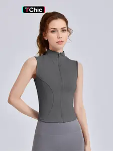 Women's Solid Thumb Hole Design Sports Jacket, Sporty Zip Up Sleeveless Outerwear for Yoga Gym Workout, Gym Workout Tops, Ladies Sportswear for All Seasons