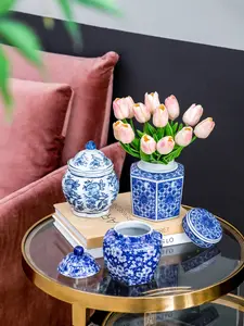 Blue and White Vase Set – 3 Piece Porcelain Accent Jar for Farmhouse Decor, Ming Dynasty Style Floral Cachepot for Living Room, Classic Ceramic Canister for Mantel Shelf, Vintage Home Accessories