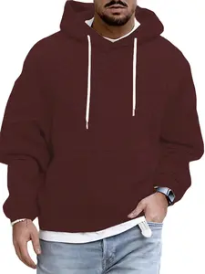 Men's Solid Textured Drawstring Hoodie, Casual Loose Drop Shoulder Long Sleeve Hooded Sweatshirt for Fall & Winter, Men's Clothes for Daily Wear