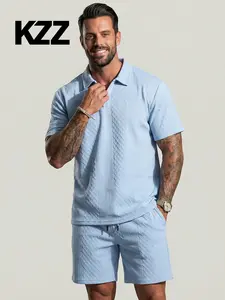 KZZ Men's Solid Polo Shirt & Drawstring Waist Shorts Set Cozy Breathable Two-piece Outfits for Daily Outdoor Wear Menswear Suits