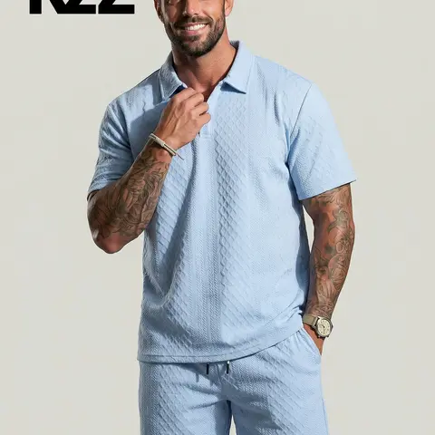 KZZ Men's Solid Polo Shirt & Drawstring Waist Shorts Set Cozy Breathable Two-piece Outfits for Daily Outdoor Wear Menswear Suits