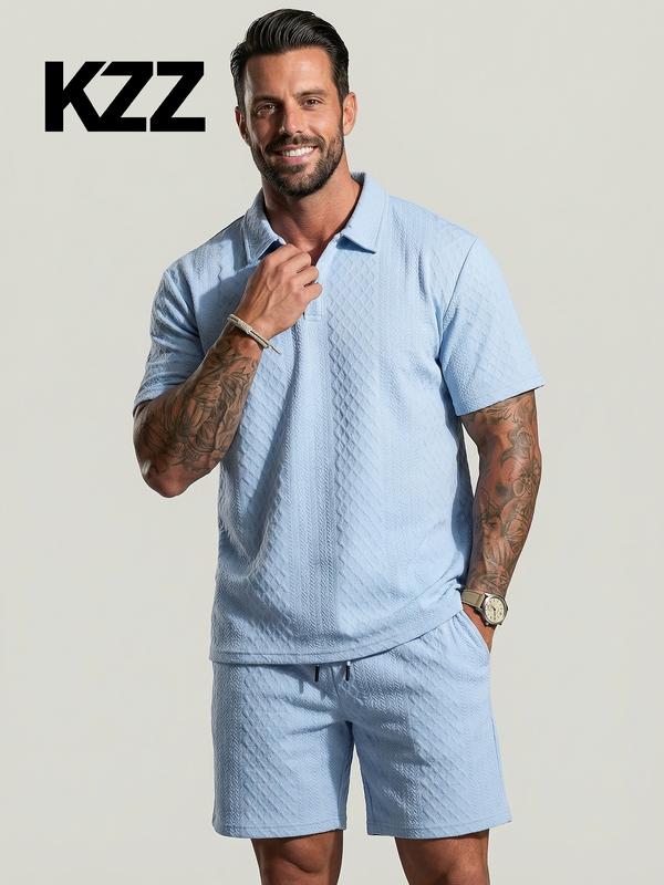 KZZ Men's Solid Polo Shirt & Drawstring Waist Shorts Set Cozy Breathable Two-piece Outfits for Daily Outdoor Wear Menswear Suits