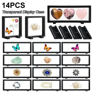 14 Pcs 3D Floating Display Case with Stands Set, Includes 12 Rectangular Case & 2 Square Case, Floating Frame Transparent Storage Box With Holders, Ideal For Displaying Stamps, Coin, Jewelry, Crafts, Home Decors