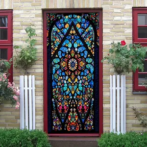 2pcs   Colorful Church Stained Glass Style Decorative Wall Stickers Self Adhesive Colored Window Decals Removable Art Decor for Living Room Bedroom Home Festival Party Decoration  Collage Self-Adhesiv