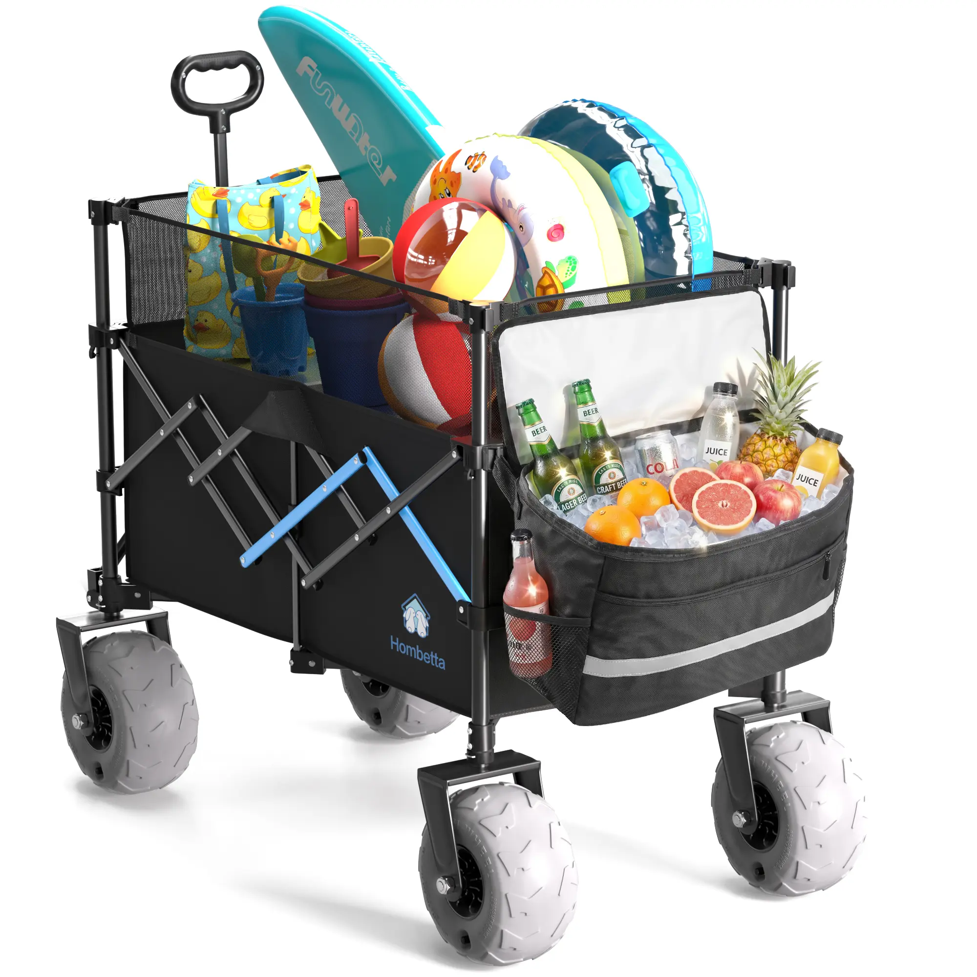 Beach Wagon for Sand, 380L Heavy Duty Collapsible Wagon Cart with 9” Balloon Wheels, Cooler Bag, Adjustable Handle, 450LBS Load Capacity, Foldable Outdoor Utility Wagon for Beach, Camping, Sports & Garden