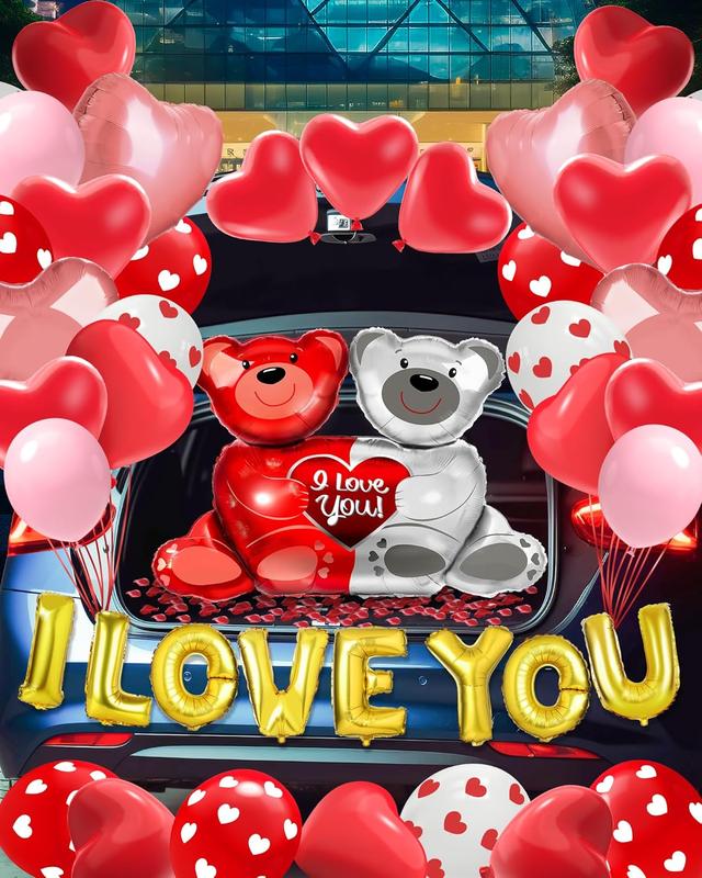 54PCS Valentine’s Day Heart Balloons Set with “I Love You” Foil Balloons, 1000 Silk Rose Petals & Hanging Decor for Wedding, Anniversary & Romantic Night Decorations