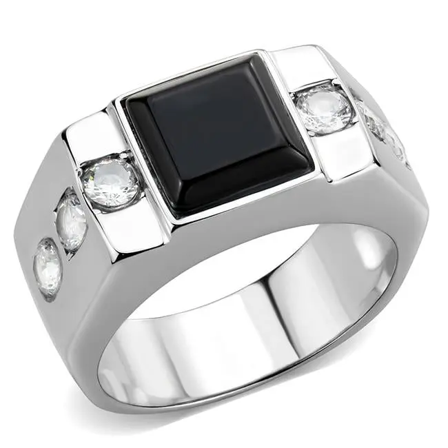 Men High Polished Stainless Steel Ring with Synthetic in Jet - Size 9
