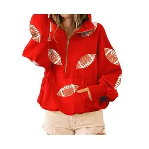 Women'sFootballSequinHoodieHalfZipLongSleeveRugbyPatchGameDaySweatshirt-LightweightFabric,RelaxedFit,KangarooPocket