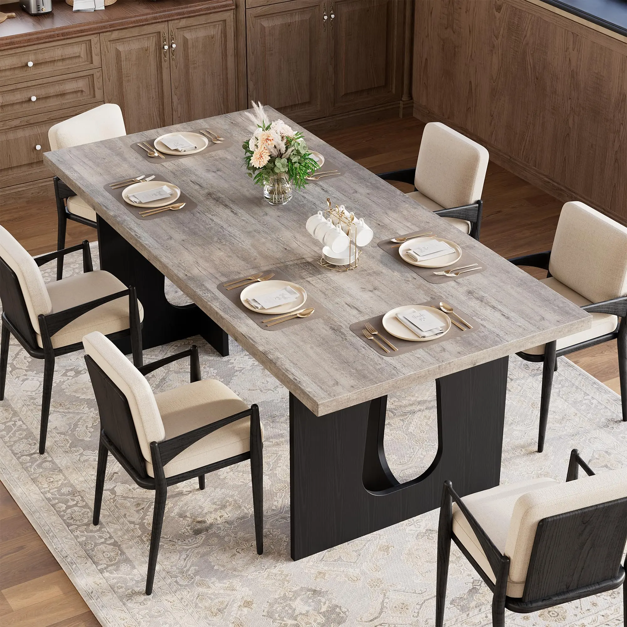 71" Long Dining Table for 6-10 People -  Grey & Black Kitchen Table with Extra Thickened Tabletop & Heavy Duty Base Legs, Modern Rectangular Dinner Table for Kitchen, Conference Room, Home
