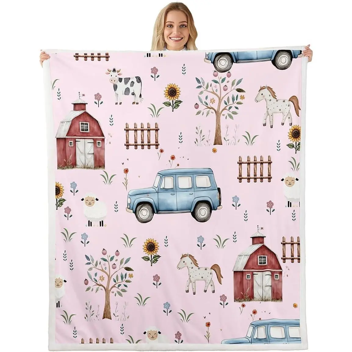 Baby Blankets for Unisex Boys Girls,Farm Animal Nursery Minky Blankets Cartoon Tractor Fleece Blanket Rustic Barn Farmhouse Horse Sheep Cow Sunflower Floral Sherpa Blanket,Pink Baby 30x40
