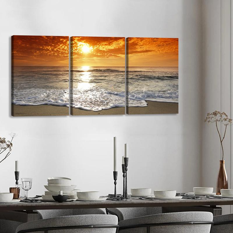 3Pcs Wooden Framed Canvas Painting, Ocean Sunset Beach Waves Scene, Exquisite Poster, Home Decoration, Pattern Wall Art Decor, For Living Room, Bedroom, Office, Restaurant, Bar Wall Decor, Odorless, Painting, Print Artwork.