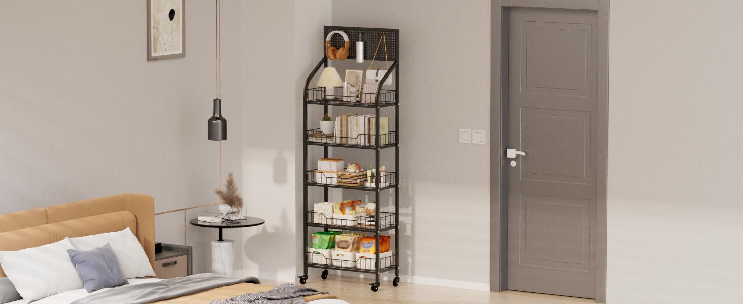 Commercial 5 Tier Freestanding Retail Display Rack for Snacks and Candy, Heavy Duty Q235 Steel Chip Stand with Sliding Baskets, 360° Rotating Silent Wheels, 4 Foot Pads & 10 Price Tags