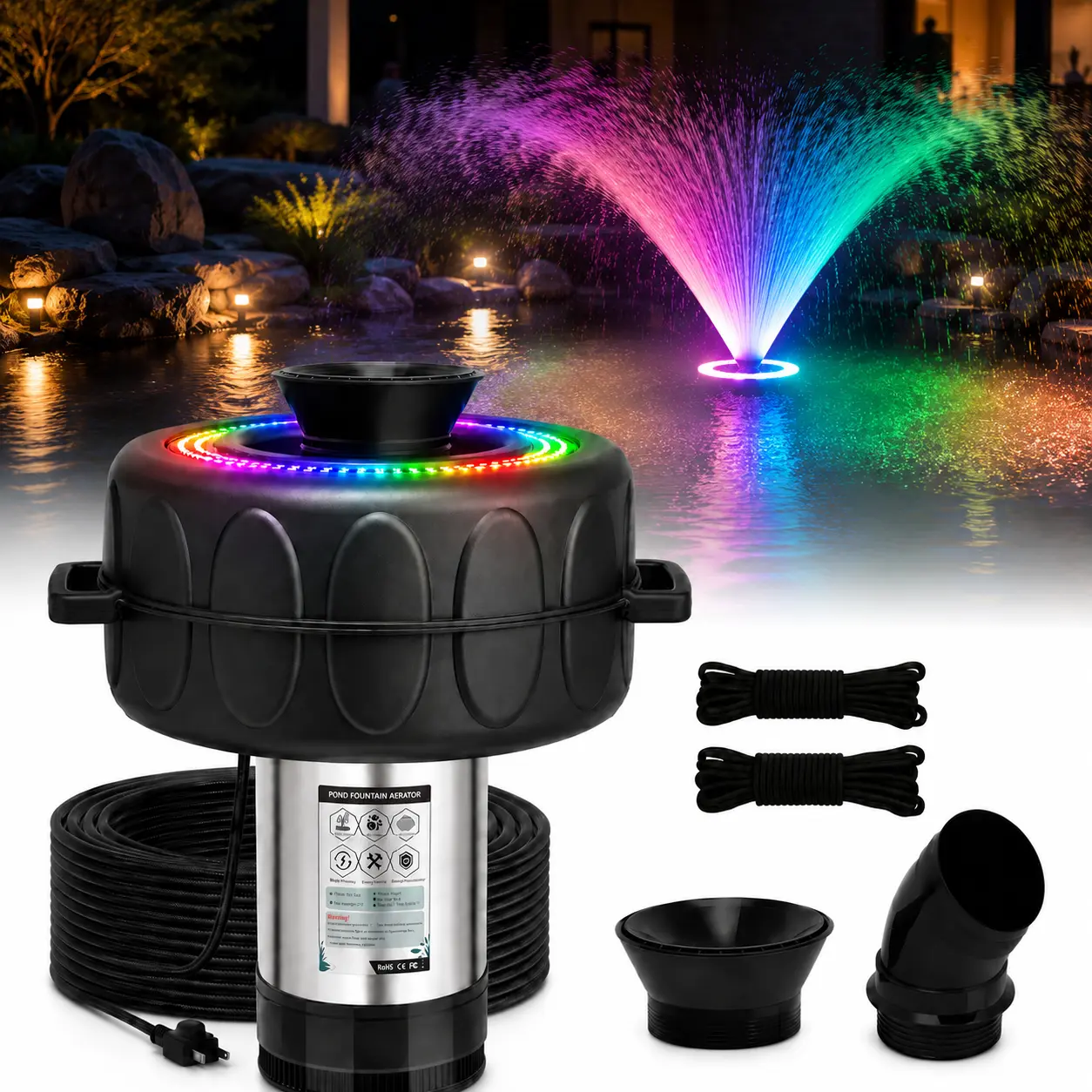 750W RGB LED Color-Changing Light Show Landscape Pond Fountain Aerator - 1 HP 15,000 GPH Floating Aeration Pump with 100ft Power Cord, 120V, Suitable for Ponds, Lakes