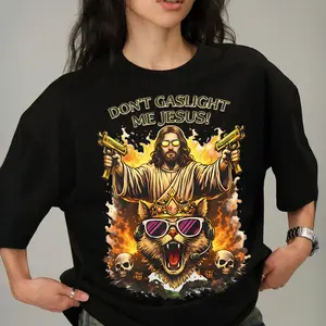 Dungeon Crawler Carl "Don't Gaslight Me Jesus" Graphic Tee, Funny Princess Donut T-Shirt, Ironic Uzi Jesus LitRPG Bookish Meme Short Sleeve Crewneck